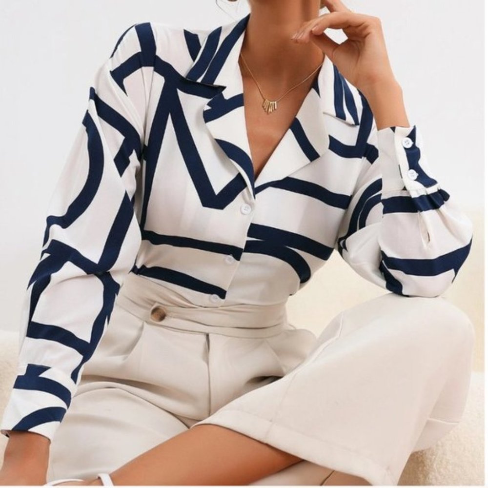 Blue And White Button Down Blouse - Picture 2 of 5